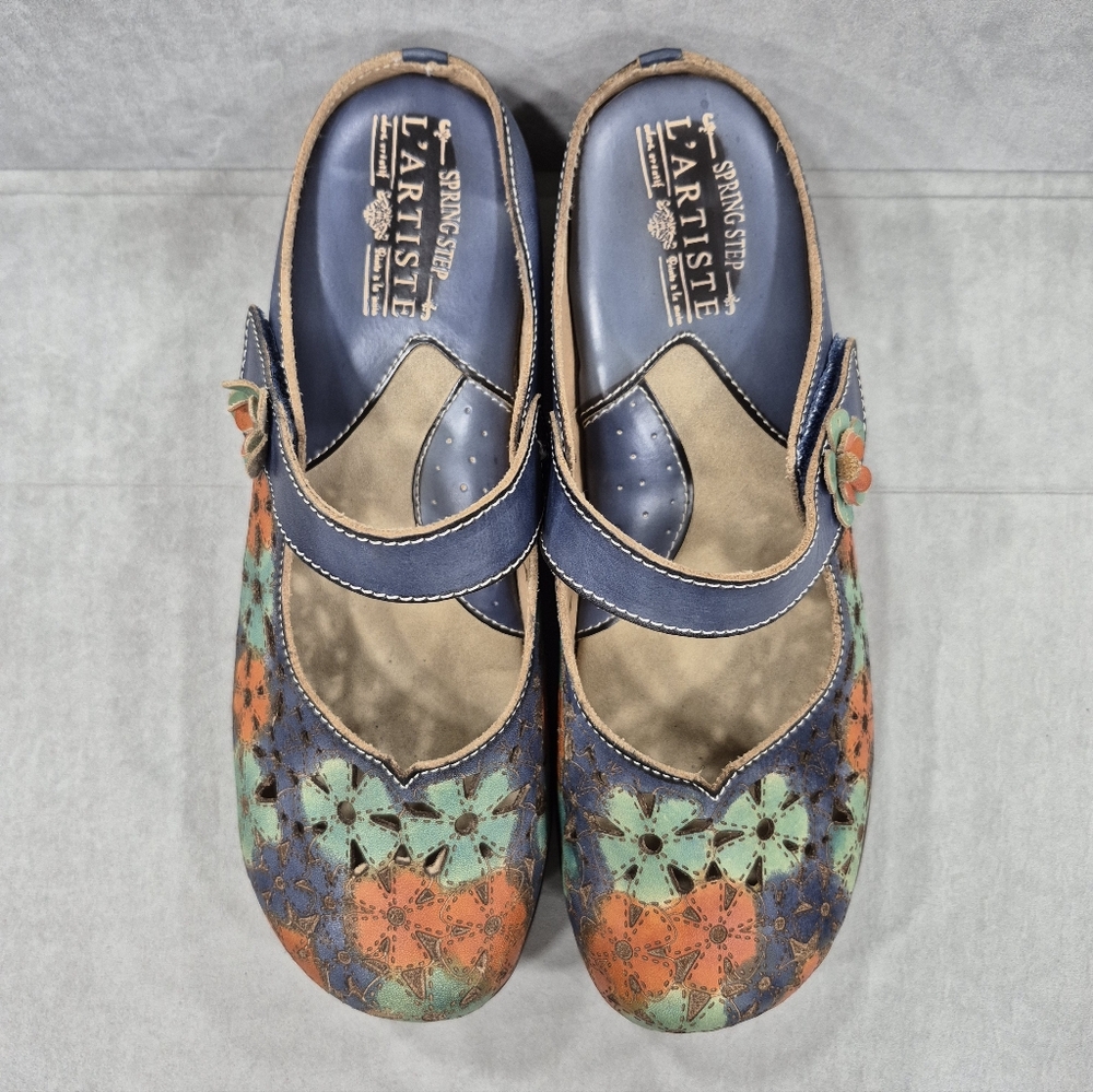 Spring Step Blue Multi Floral Leather Mary Jane Clog Mules - Picture 2 of 14